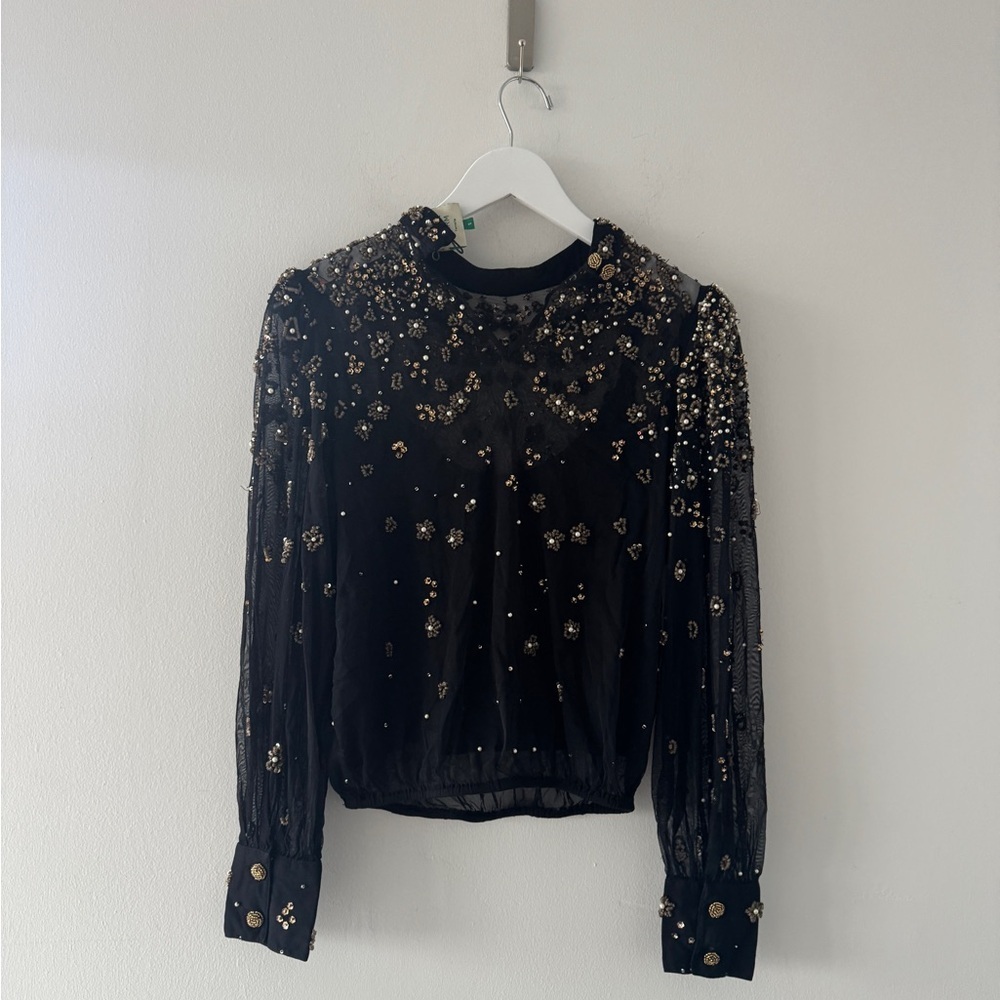 FARM RIO Mock Neck Sheer Embroidered Blouse - Picture 7 of 10